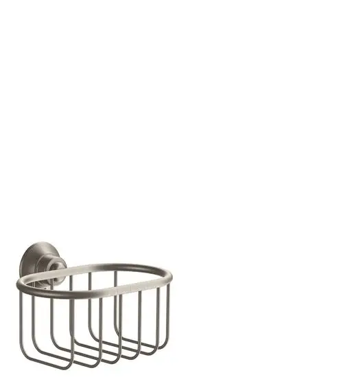 Seifenkorb aus Edelstahl mit ovaler Form und offener Gitterstruktur, montiert an einer Wand. Design von AXOR.
